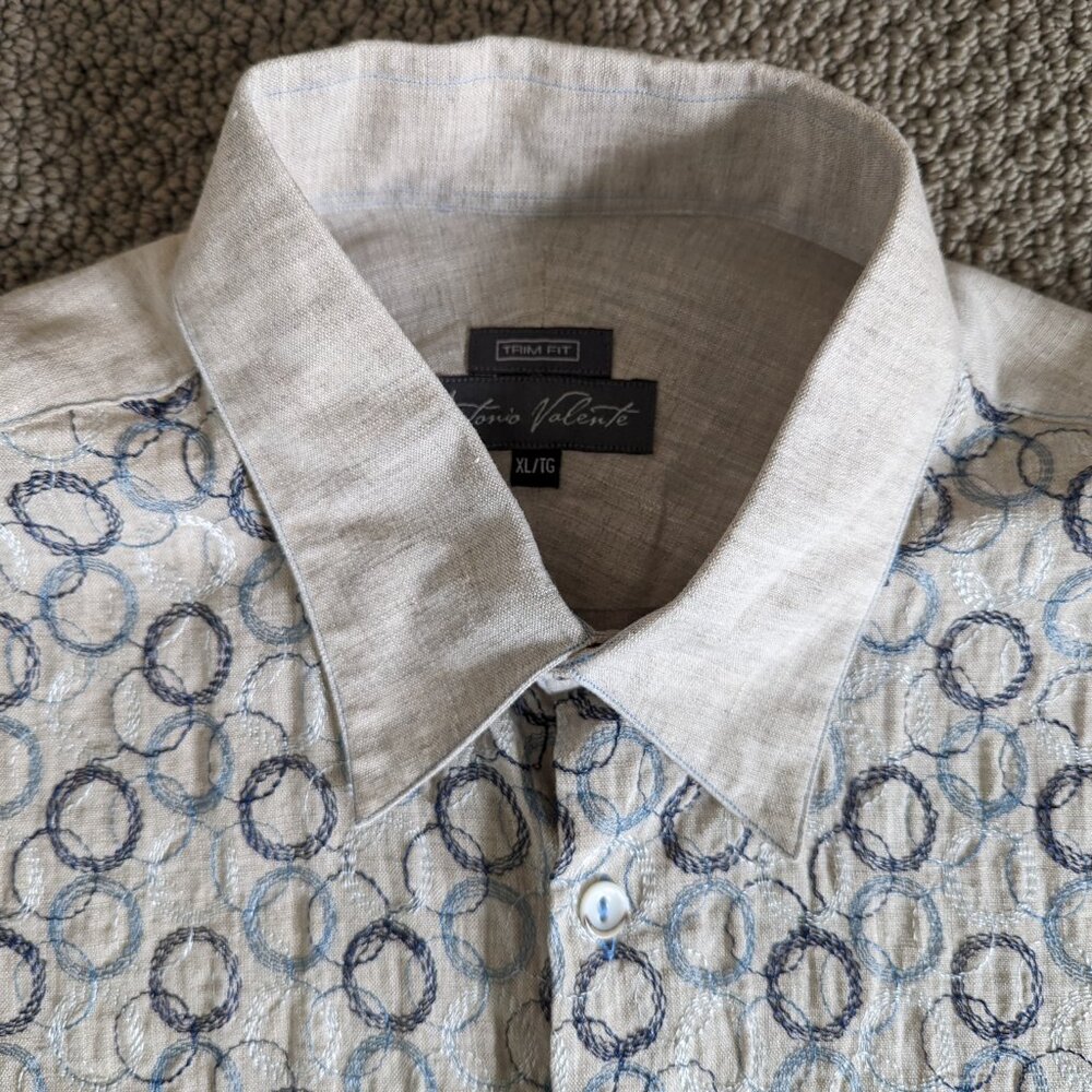 100% raw linen button down shirt with blue embroidery